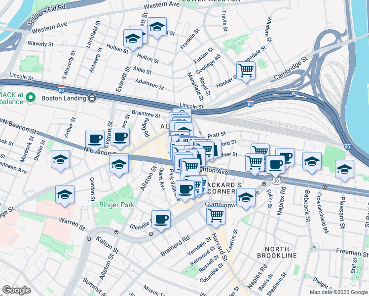 map of restaurants, bars, coffee shops, grocery stores, and more near 9 Farrington Avenue in Boston