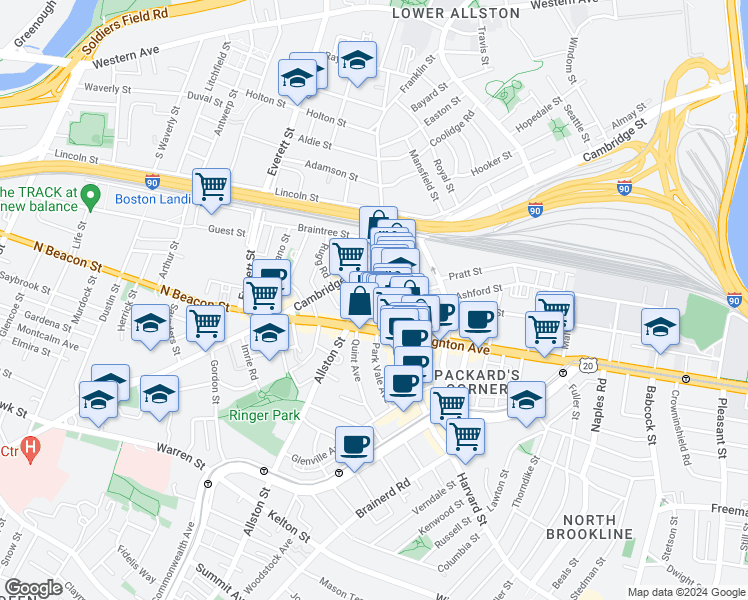 map of restaurants, bars, coffee shops, grocery stores, and more near in Boston