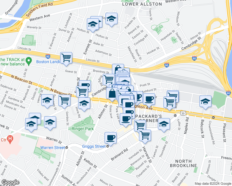 map of restaurants, bars, coffee shops, grocery stores, and more near in Boston