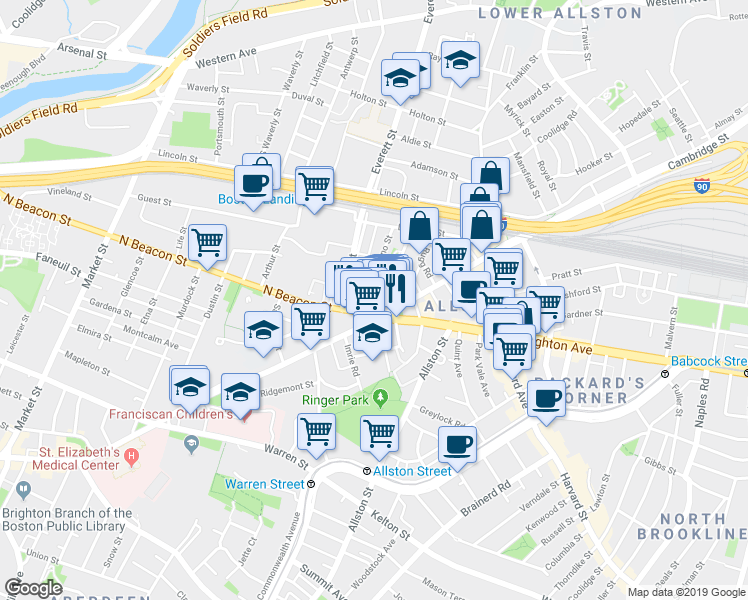 map of restaurants, bars, coffee shops, grocery stores, and more near 5 North Beacon Street in Boston