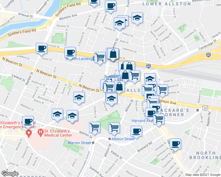map of restaurants, bars, coffee shops, grocery stores, and more near 5 North Beacon Street in Boston