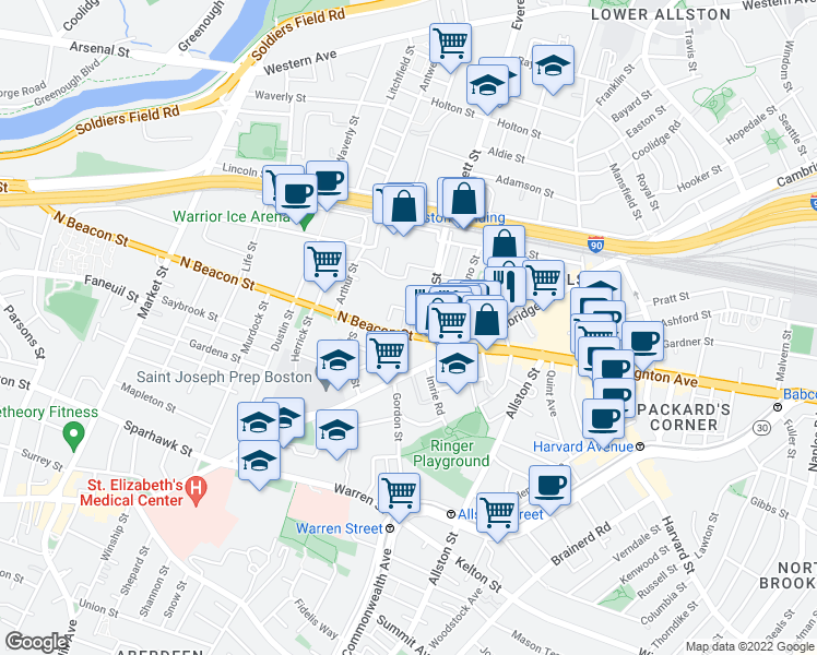 map of restaurants, bars, coffee shops, grocery stores, and more near in Boston