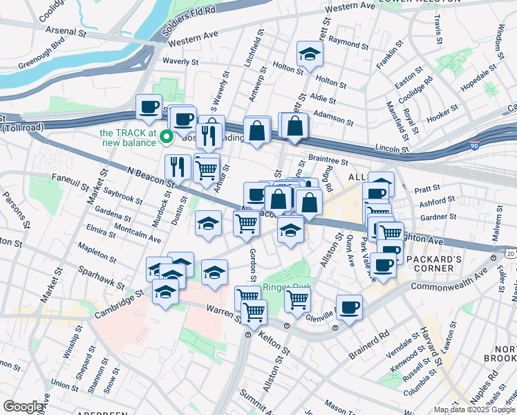 map of restaurants, bars, coffee shops, grocery stores, and more near 61 North Beacon Street in Boston