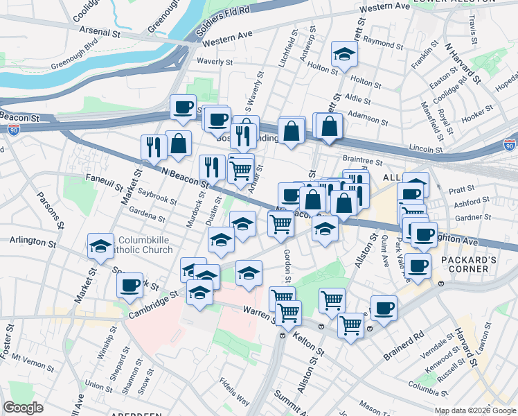 map of restaurants, bars, coffee shops, grocery stores, and more near 68 Saunders Street in Boston