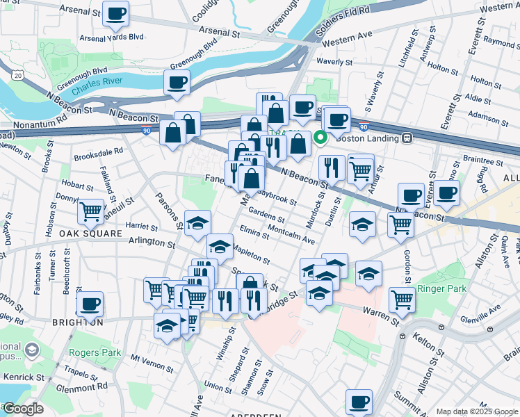 map of restaurants, bars, coffee shops, grocery stores, and more near 14-16 Gardena Street in Boston