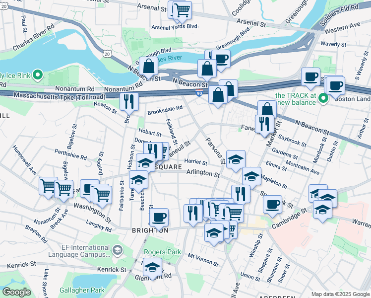 map of restaurants, bars, coffee shops, grocery stores, and more near 16 Duncklee Street in Boston