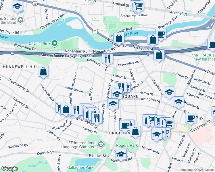 map of restaurants, bars, coffee shops, grocery stores, and more near 103 Brooks Street in Boston
