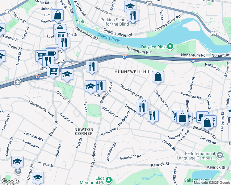 map of restaurants, bars, coffee shops, grocery stores, and more near 42 Whittemore Road in Newton