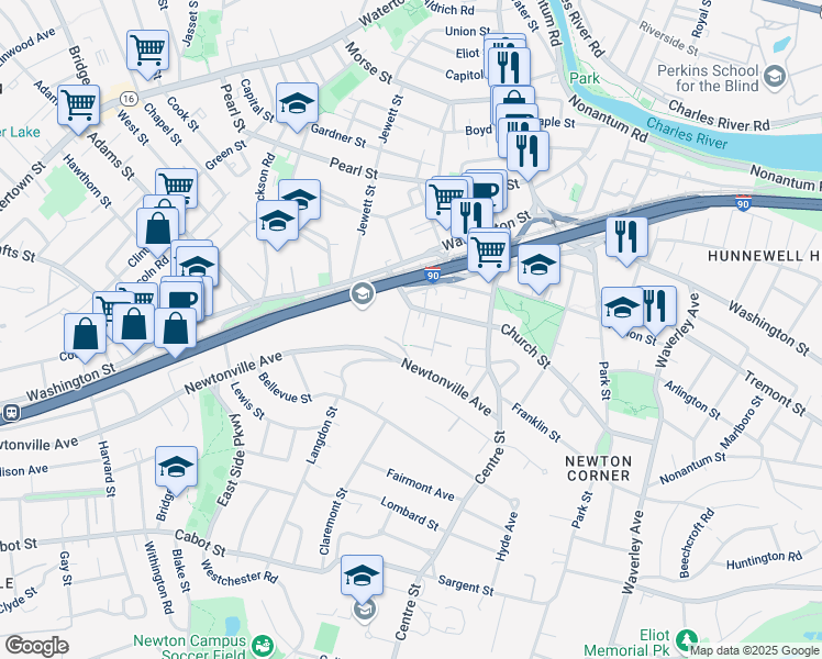 map of restaurants, bars, coffee shops, grocery stores, and more near 21 Oakland Street in Newton