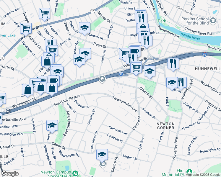 map of restaurants, bars, coffee shops, grocery stores, and more near 21 Oakland Street in Newton
