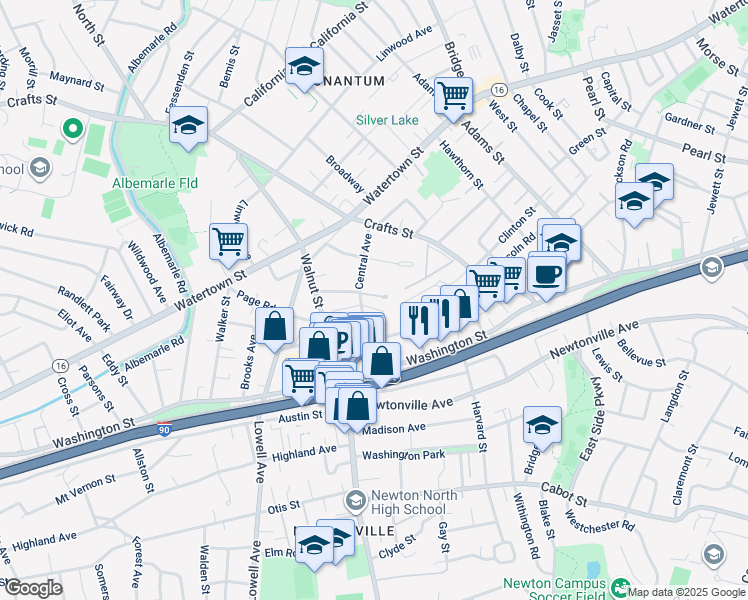 map of restaurants, bars, coffee shops, grocery stores, and more near 57 Turner Terrace in Newton