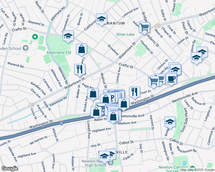 map of restaurants, bars, coffee shops, grocery stores, and more near in Newton