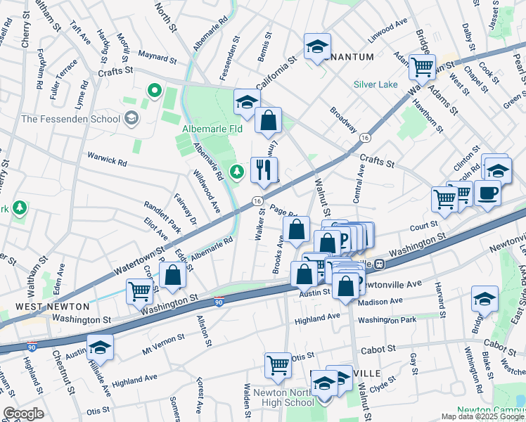 map of restaurants, bars, coffee shops, grocery stores, and more near in Newton