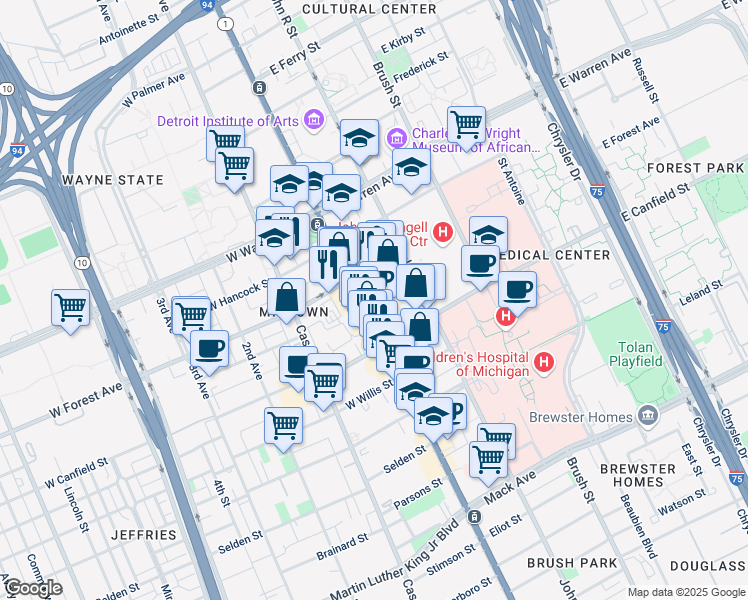 map of restaurants, bars, coffee shops, grocery stores, and more near 4501 Woodward Avenue in Detroit