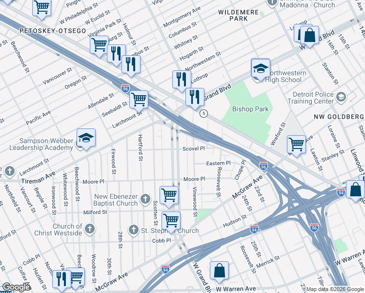 map of restaurants, bars, coffee shops, grocery stores, and more near 1889 West Grand Boulevard in Detroit