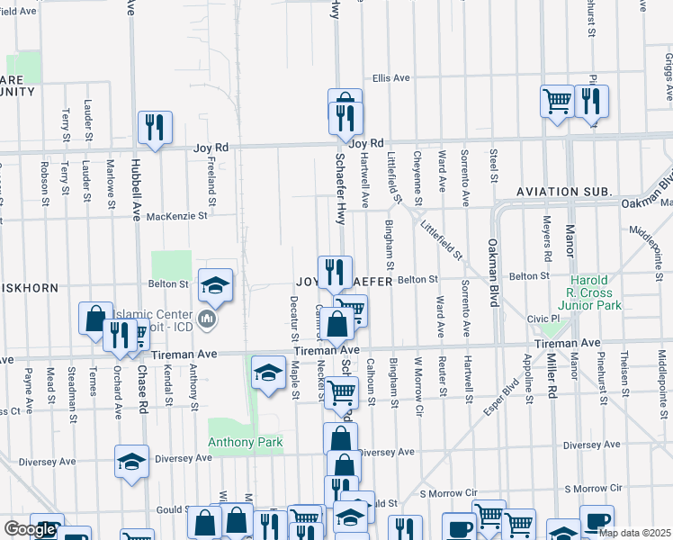 map of restaurants, bars, coffee shops, grocery stores, and more near 8214 Carlin Street in Detroit