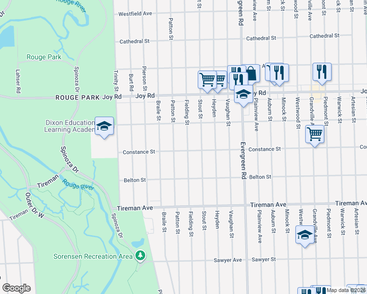map of restaurants, bars, coffee shops, grocery stores, and more near 8401 Fielding Street in Detroit