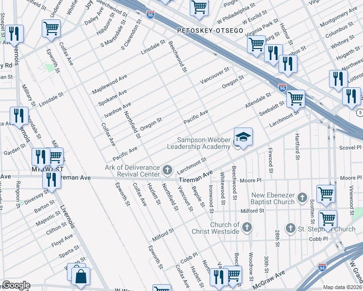 map of restaurants, bars, coffee shops, grocery stores, and more near 5259 Allendale Street in Detroit