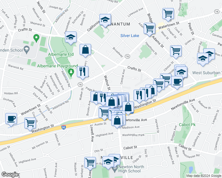 map of restaurants, bars, coffee shops, grocery stores, and more near 174 Walnut Street in Newton