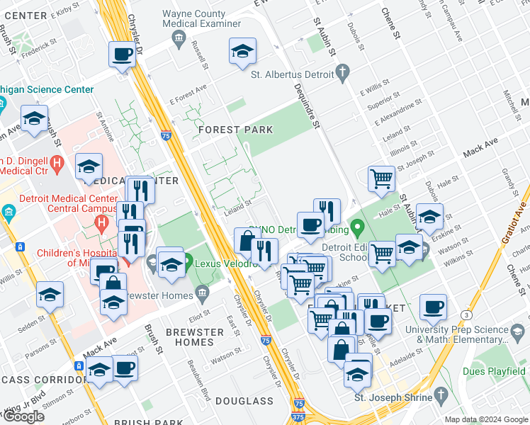 map of restaurants, bars, coffee shops, grocery stores, and more near 3867 Russell Street in Detroit