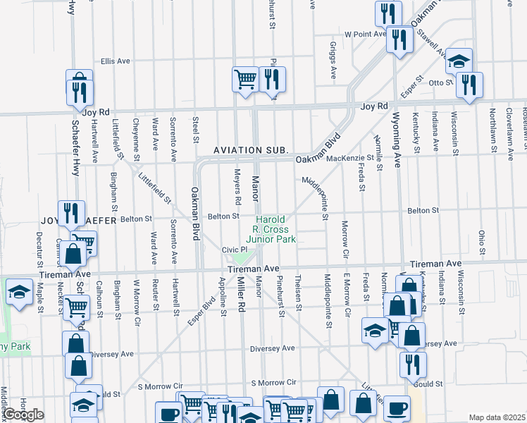 map of restaurants, bars, coffee shops, grocery stores, and more near 8202 Manor in Detroit
