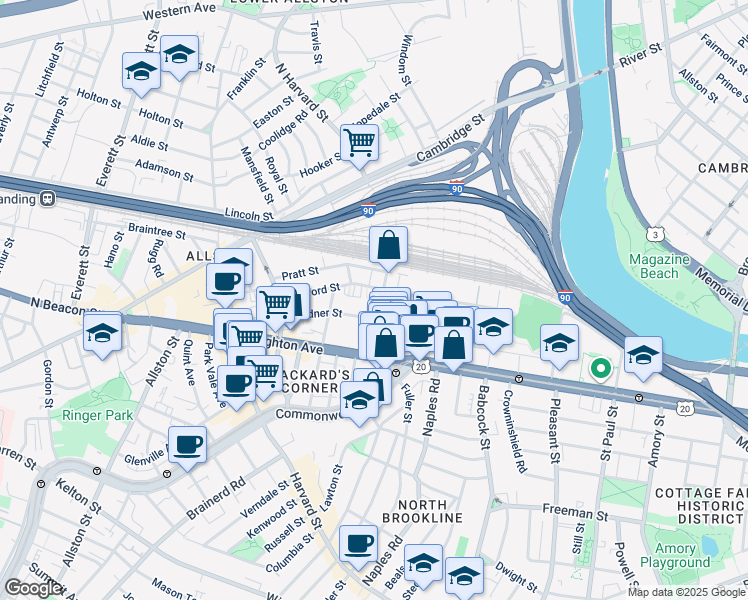 map of restaurants, bars, coffee shops, grocery stores, and more near 69 Ashford Street in Boston