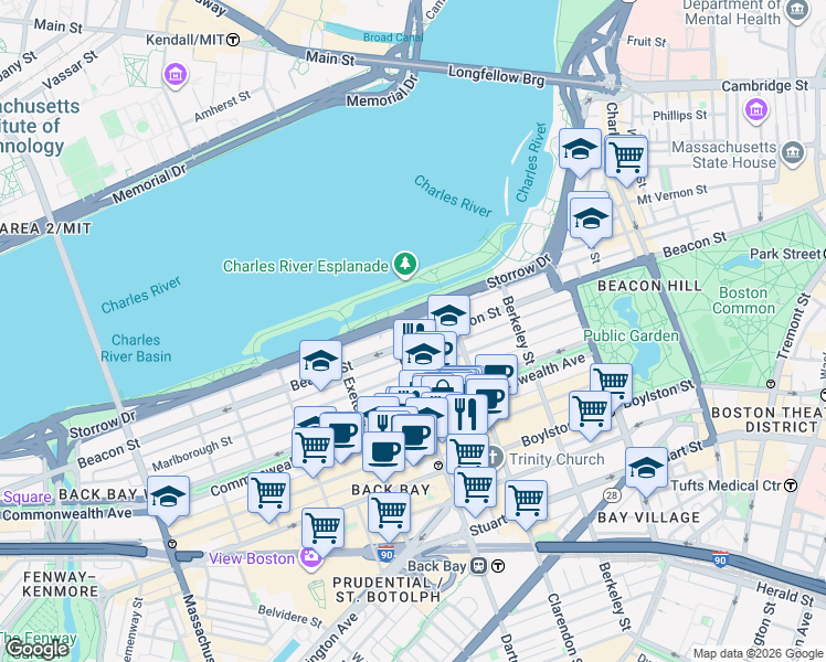 map of restaurants, bars, coffee shops, grocery stores, and more near 232 Beacon Street in Boston