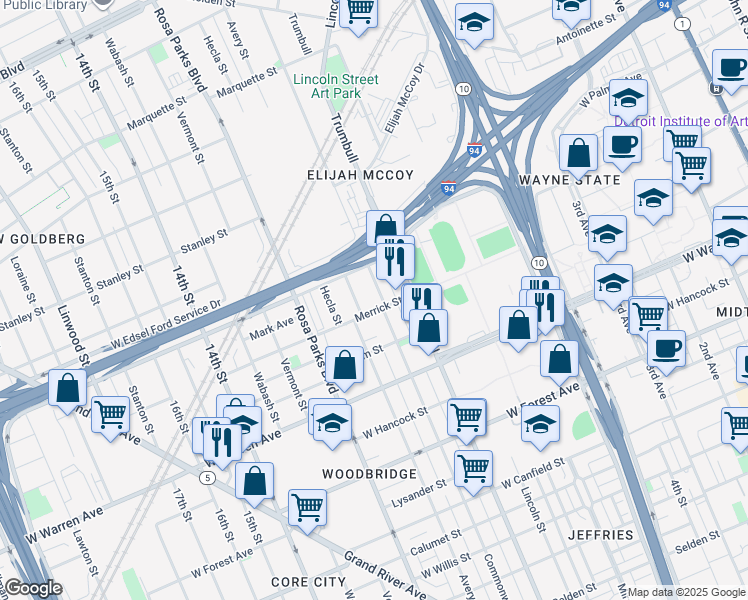map of restaurants, bars, coffee shops, grocery stores, and more near 5220 Avery Street in Detroit