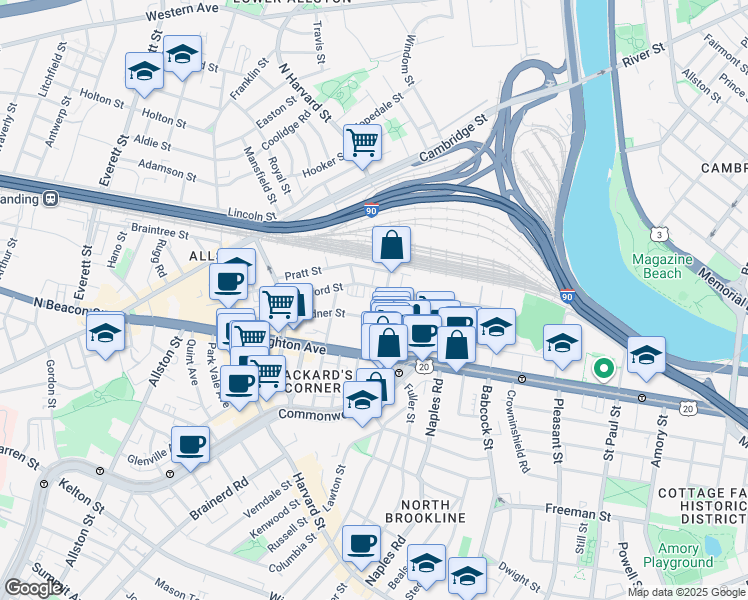 map of restaurants, bars, coffee shops, grocery stores, and more near 69 Ashford Street in Boston