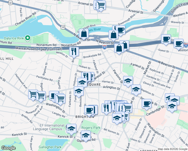 map of restaurants, bars, coffee shops, grocery stores, and more near in Boston