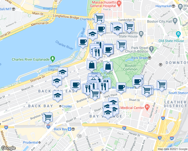 map of restaurants, bars, coffee shops, grocery stores, and more near 92 Arlington Street in Boston