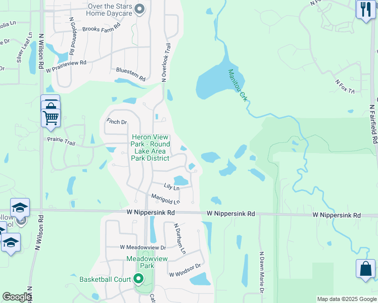 map of restaurants, bars, coffee shops, grocery stores, and more near 1909 Heron View Way in Round Lake