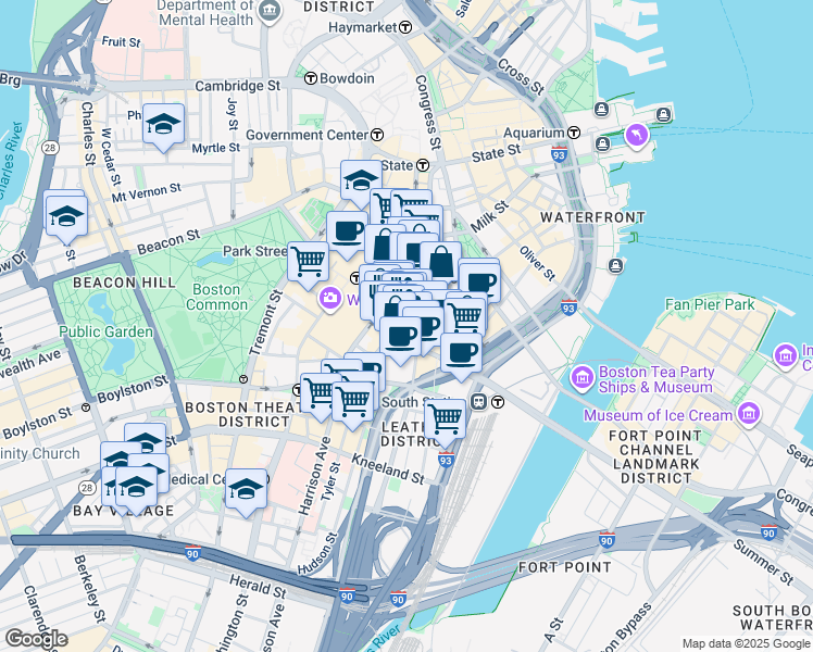 map of restaurants, bars, coffee shops, grocery stores, and more near in Boston