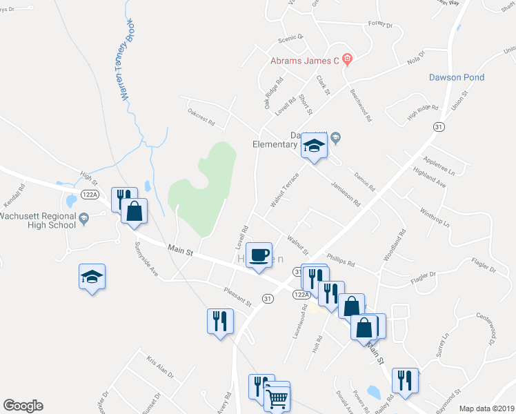 map of restaurants, bars, coffee shops, grocery stores, and more near 80 Walnut Street in Holden