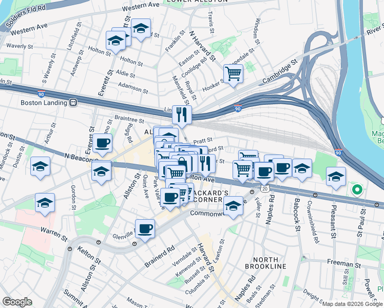 map of restaurants, bars, coffee shops, grocery stores, and more near Linden St & Ashford St in Boston