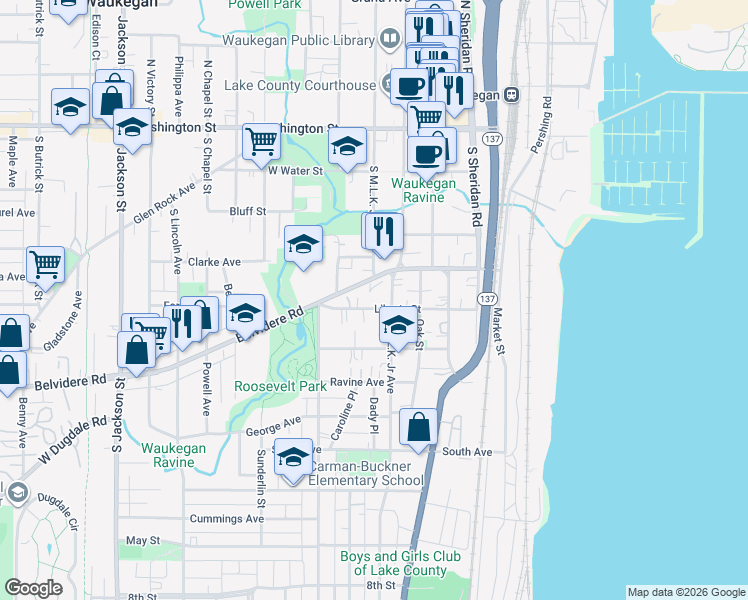 map of restaurants, bars, coffee shops, grocery stores, and more near 314 Liberty Street in Waukegan