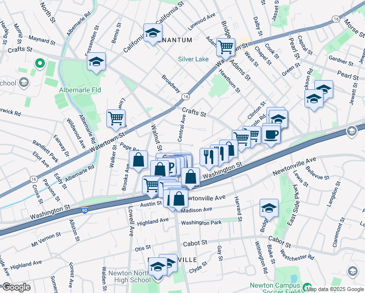 map of restaurants, bars, coffee shops, grocery stores, and more near 57 Turner Terrace in Newton
