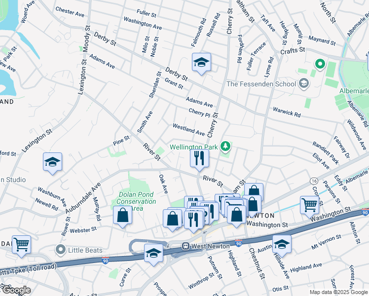 map of restaurants, bars, coffee shops, grocery stores, and more near 50 Alden Place in Newton