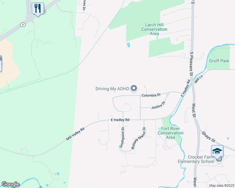 map of restaurants, bars, coffee shops, grocery stores, and more near 165 Columbia Drive in Amherst