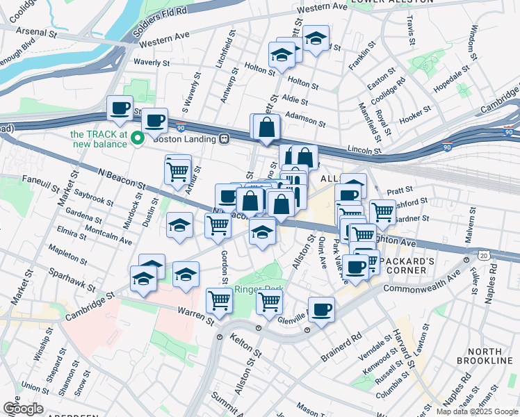 map of restaurants, bars, coffee shops, grocery stores, and more near 5 North Beacon Street in Boston