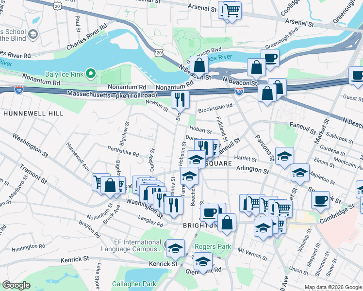 map of restaurants, bars, coffee shops, grocery stores, and more near 43 Newcastle Road in Boston