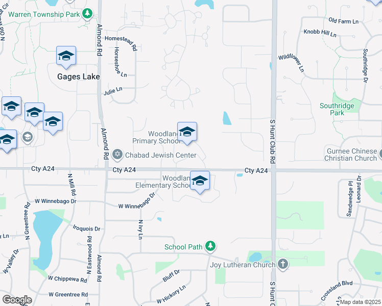 map of restaurants, bars, coffee shops, grocery stores, and more near 17368 West Gages Lake Road in Gages Lake