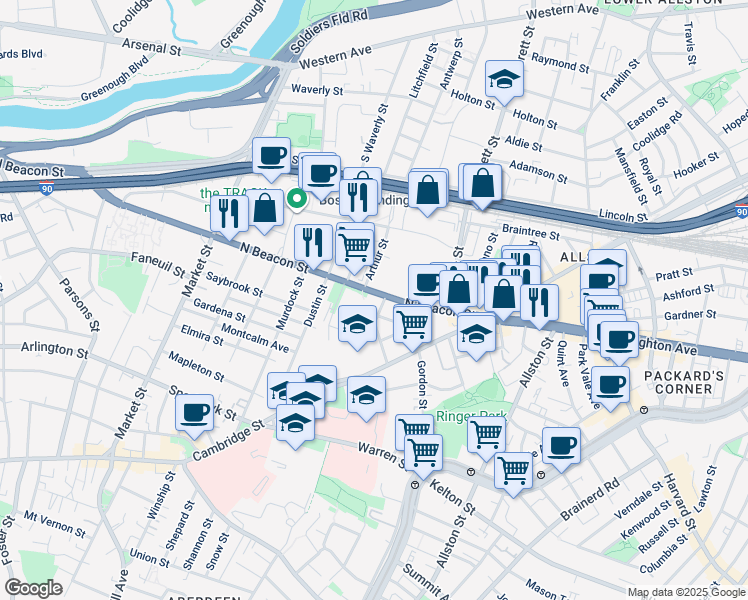 map of restaurants, bars, coffee shops, grocery stores, and more near 68 Saunders Street in Boston