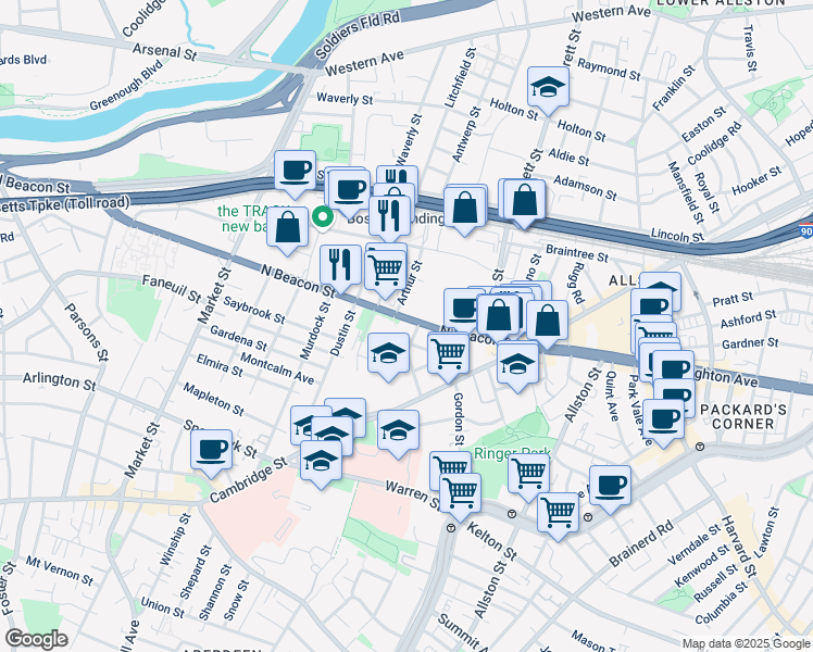 map of restaurants, bars, coffee shops, grocery stores, and more near 68 Saunders Street in Boston