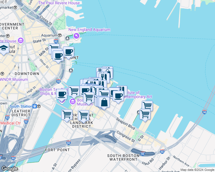 map of restaurants, bars, coffee shops, grocery stores, and more near 50 Liberty Drive in Boston