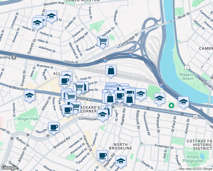 map of restaurants, bars, coffee shops, grocery stores, and more near 1 Ashford Court in Boston