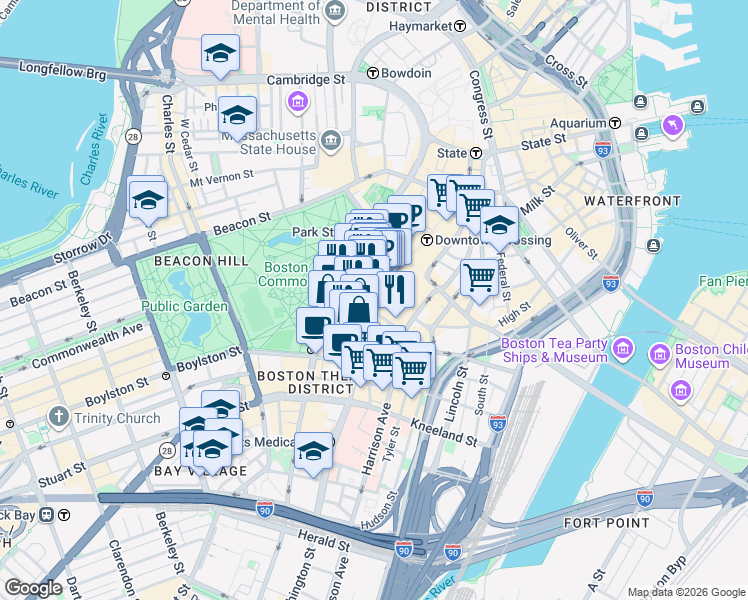 map of restaurants, bars, coffee shops, grocery stores, and more near 519 Washington Street in Boston