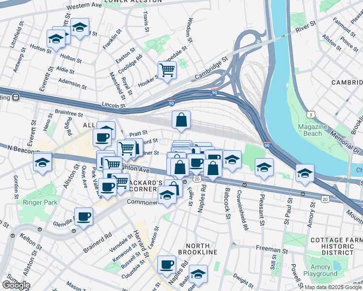 map of restaurants, bars, coffee shops, grocery stores, and more near 69 Ashford Street in Boston