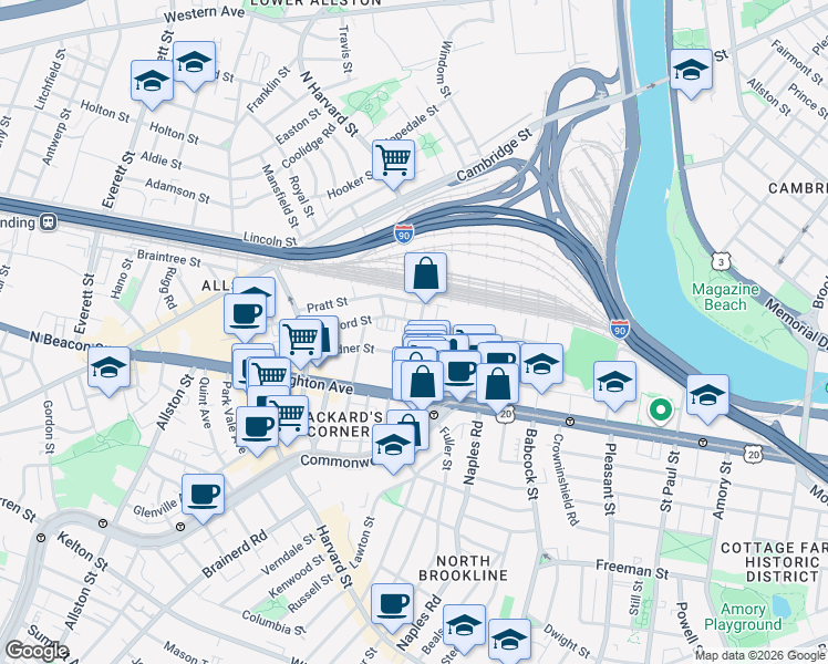 map of restaurants, bars, coffee shops, grocery stores, and more near 69 Ashford Street in Boston