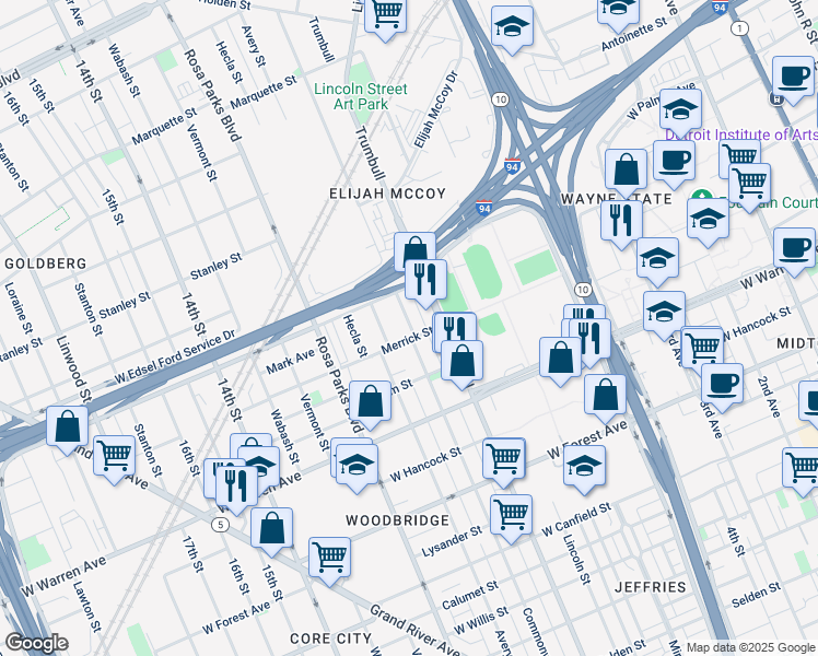 map of restaurants, bars, coffee shops, grocery stores, and more near 5220 Avery Street in Detroit